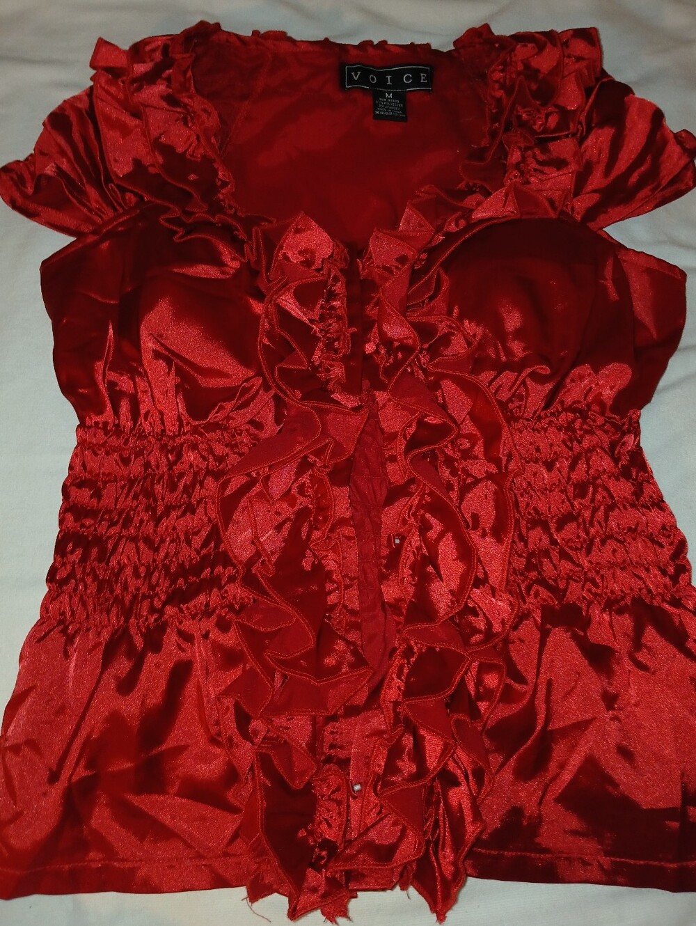 NWOT Women's Red Ruffled Satin Blouse.